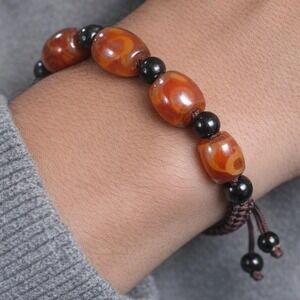 Red Orange Agate Style Beaded Bracelet Adjustable Cord Black Beads